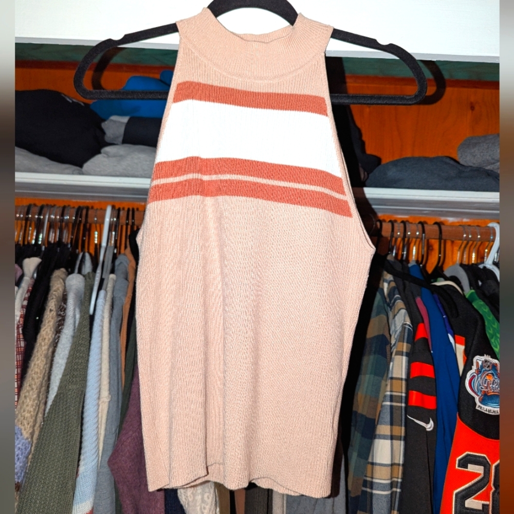 Striped Sleeveless Knit High Neck Top